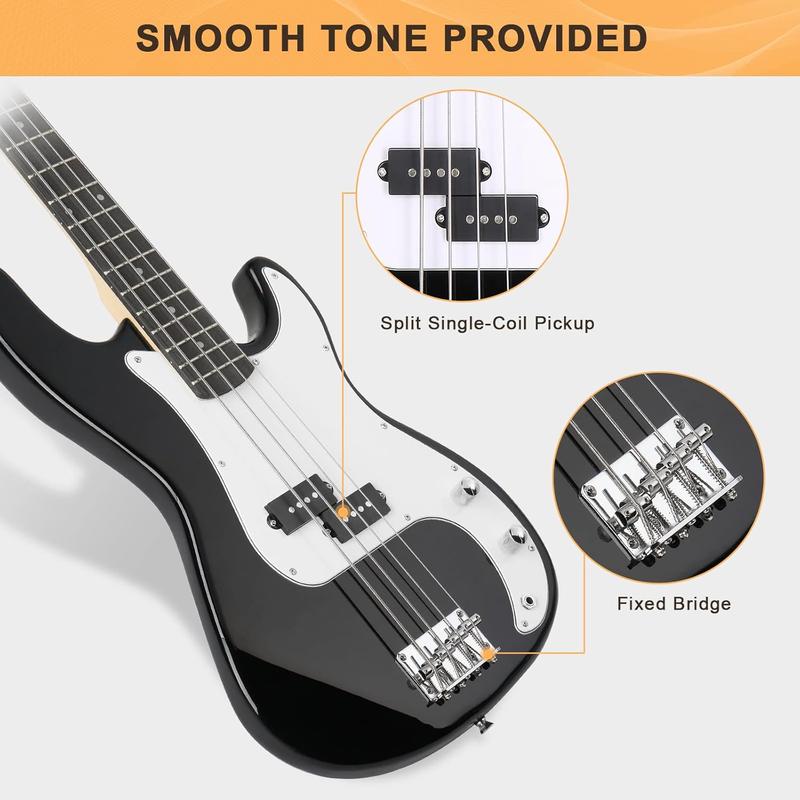 GLARRY Full Size Electric Bass Guitar Beginner Kit 4 String with AMP, Cable, Strap, Bag and Accessories (Black)