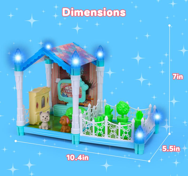 Glow-In-The-Dark Dollhouse With Two Pieces of Furniture, Two Puppies, and Six Potted Plants,Toys Suitable for Playing House