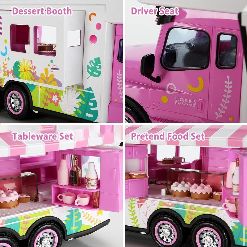 Remote Control Car for Girls Food Truck Toy Playset,Pink Remote Control Food Truck with Food Set, Dolls and Tableware Set,Best Gift for 4-9 Years Old Girls, Birthday (Rose red)