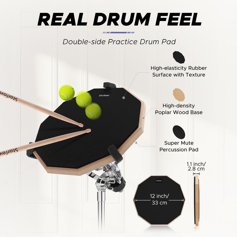 Starfavor Drum Practice Pad Beginner's Kit, 12-Inch Double-Sided Silent Pad with Stand, Drum Sticks, Drum Stick Holder, Carrying Bag