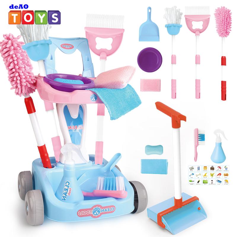 deAO Cleaning Set 14 pcs Housekeeping Pretend Play Set Toy Cleaning Set Broom and Mop Set Christmas Birthday Gift