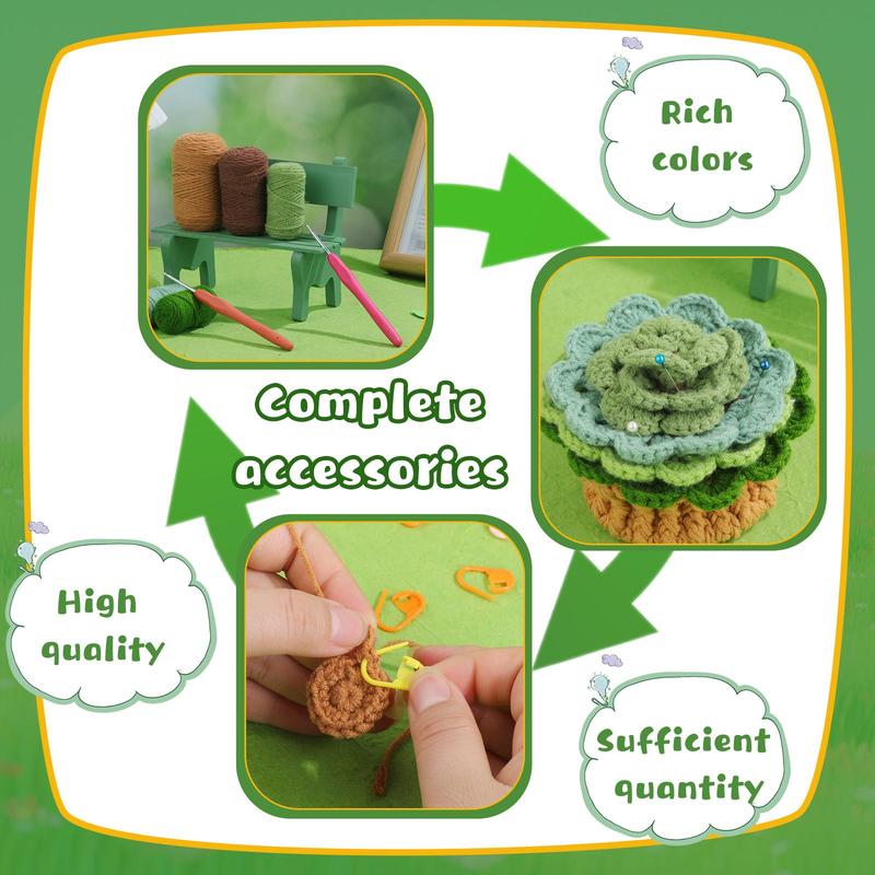 Crochet Kit for Beginners, 1 Set Cute Plant Coaster Crochet Kit with Random Color Accessories, DIY Knitting Supplies for Home Office Dormitory Decor