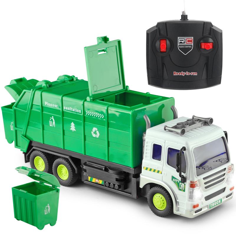 Remote Control Garbage Truck and Excavator Toys, Waste Management RC Car and Beginner Construction Playset with LED Lights