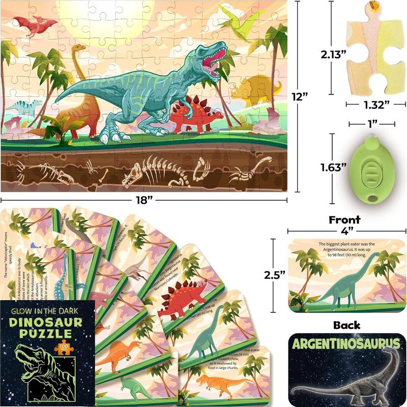 Hapinest Glow-in-The-Dark Dinosaur Jigsaw Puzzle for Kids, 100 Piece Puzzles for Kids Boys and Girls Gifts Ages 5 6 7 8 9 10 11 12 Years Old & Up, Includes 12 Dinosaur Fact Cards & LED Mini Flashlight