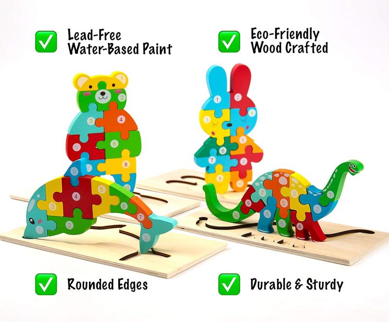 Wooden Toddler Puzzles for Kids Ages 2-4,  Toys for 3 Year Old, Animal Toddler Toys Ages, 4-Pack Learning Toddler Puzzle