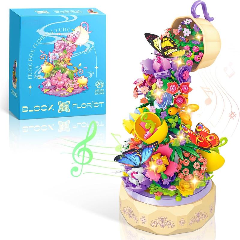 579 Piece Flowers Music Box Building Set,Artificial Flowers Series Rotating Music Box Building Kit,Creative Project Botanical Collection Crafts Set,Birthday Gift for Kids Girls Boys Age 6 7 8+