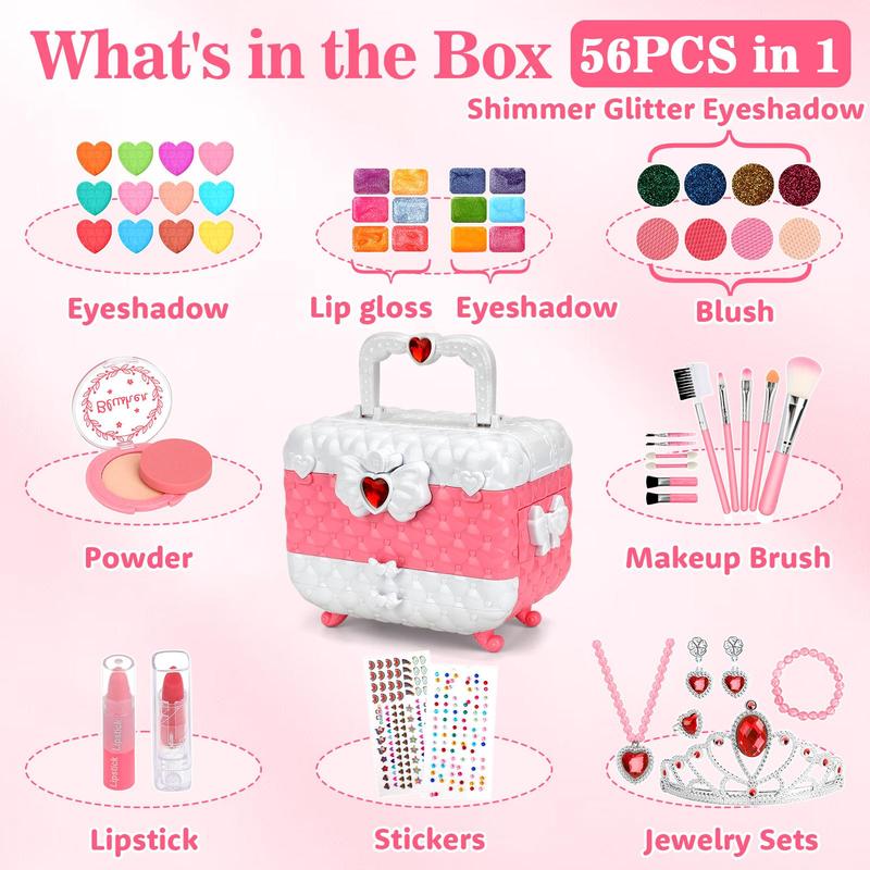 Princess Makeup Toy, 56pcs set Washable Makeup Toy with Jewelry Crown, Pretend Play Makeup Set, Birthday Gift for Girls, Christmas Gift