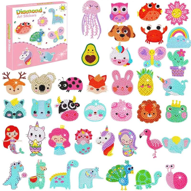 DIY Diamond Arts Colorful Painting Sticker Kit, 40pcs box Cartoon Animal Pattern Diamond Arts Colorful Painting Sticker, DIY Decorative Art Craft for Gift