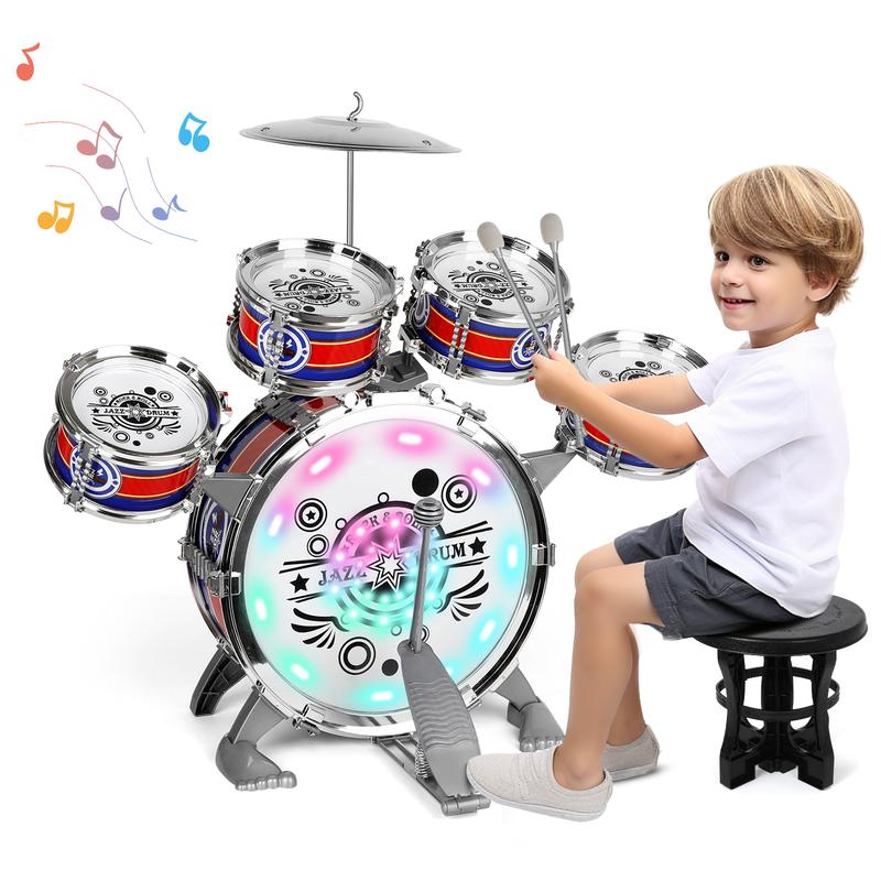 Kids Rock Jazz Drum Kit with Stool for Toddlers Baby Percussion Light Music Instruments Montessori Musical Toys Gifts for Boys and Girls Ages 3-5