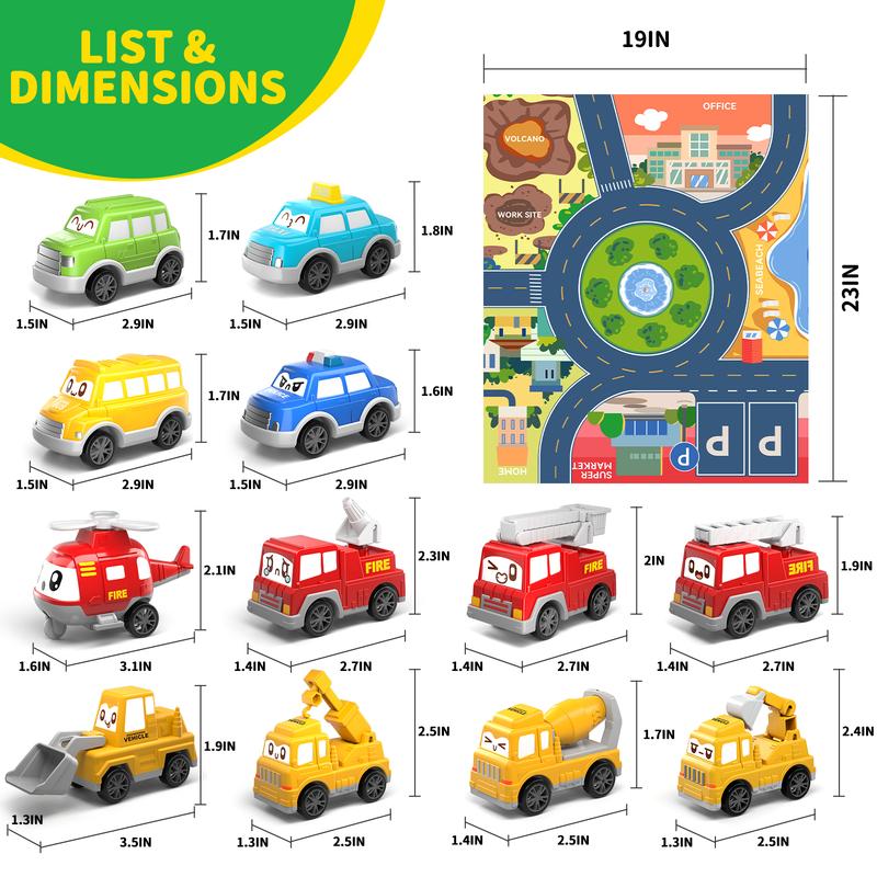 12 Pieces Truck Car Toy with Playmat and Storage Bag