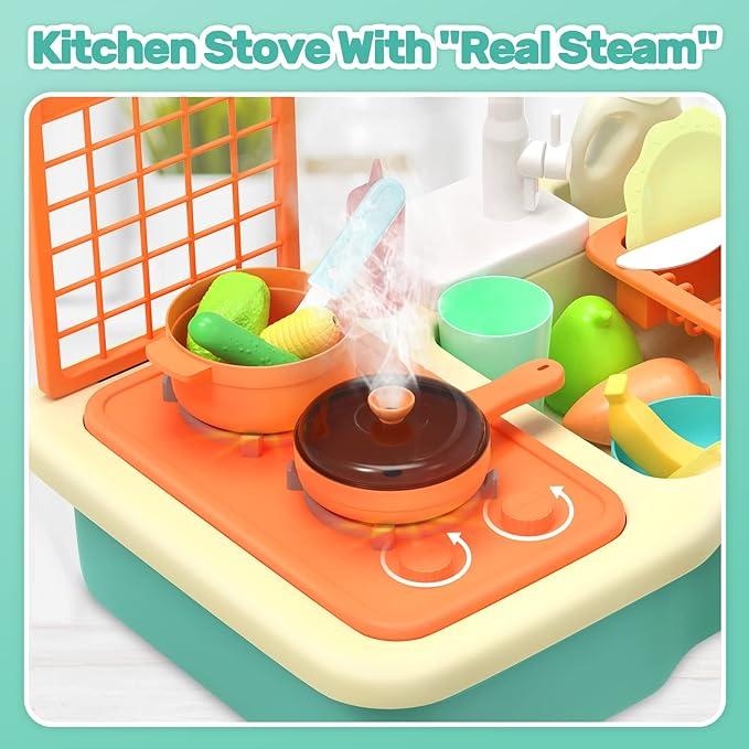 CUTE STONE Kitchen Sink with Running Water, Play Sink with Upgraded Electric Faucet, Play Cooking Stove, Pot and Pan W Spray Realistic Light & Sound