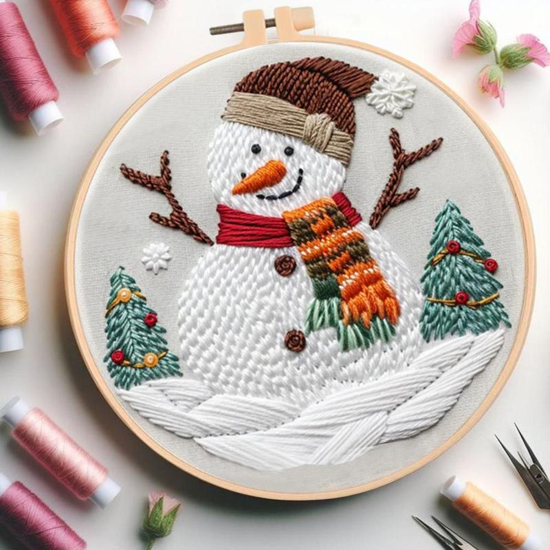 Snowman Pattern DIY Embroidery Kit, 1 Set Embroidery with Hoop Suture Practice Kit for Adults, Christmas Handmade Unfinished Products Gifts