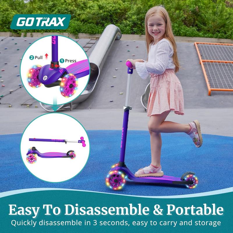 Gotr  KS1 Kids Kick Scooter, LED Lighted Wheels and 3 Adjustable Height Handlebars, Lean-to-Steer & Widen Anti-Slip Deck, 3 Wheel Scooter for Boys & Girls Ages 2-8 and up to 100 Lbs