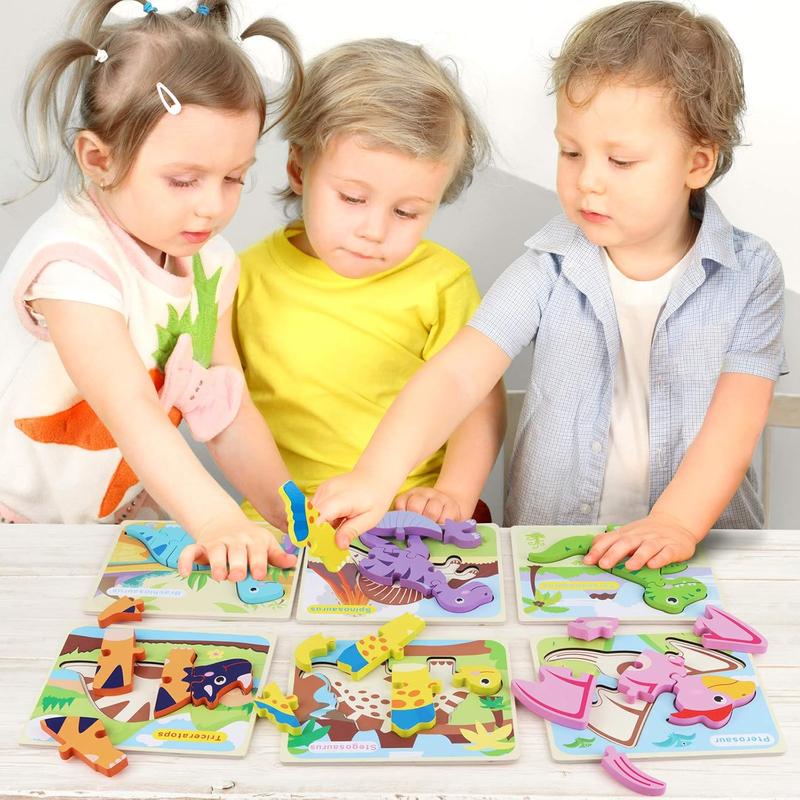 6-piece set of children's dinosaur wooden puzzle 3-5, children's wooden puzzle, 3-4-5 year old children's dinosaur puzzle, 3D dinosaur puzzle educational toys for preschool boys and girls