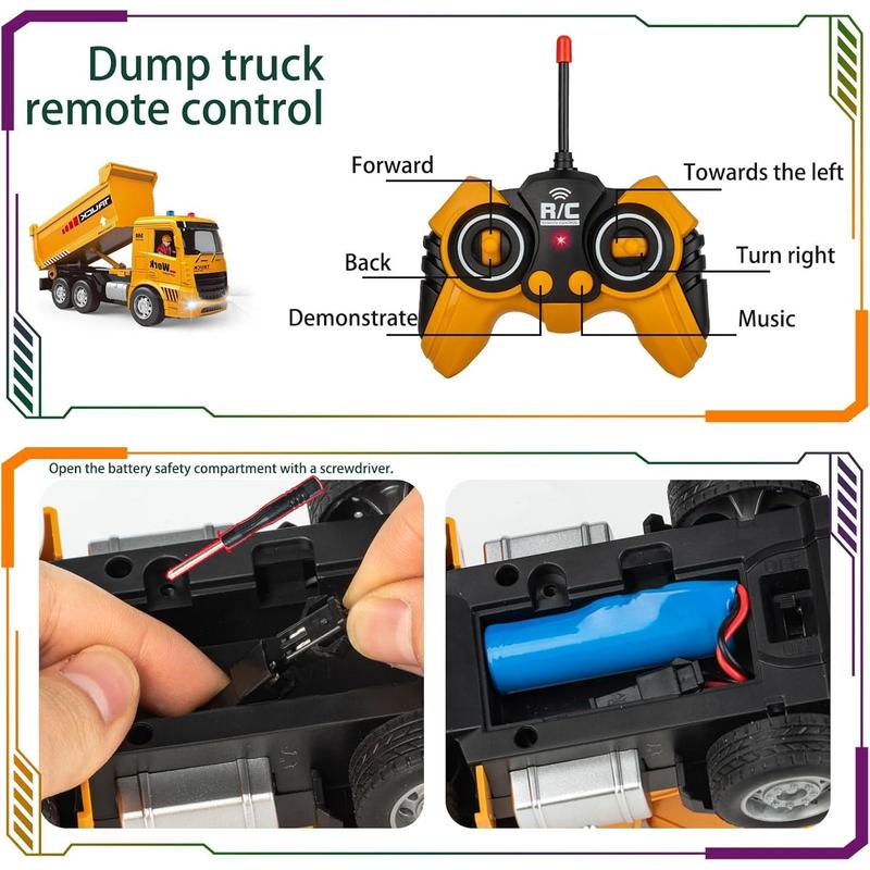 RC Construction Vehicles Toy Trucks for Boys 8-12 - Excavator Toy and Dump Truck with Road Barricades, Signs, 6 CH Remote Control Car for Kids Birthday Present