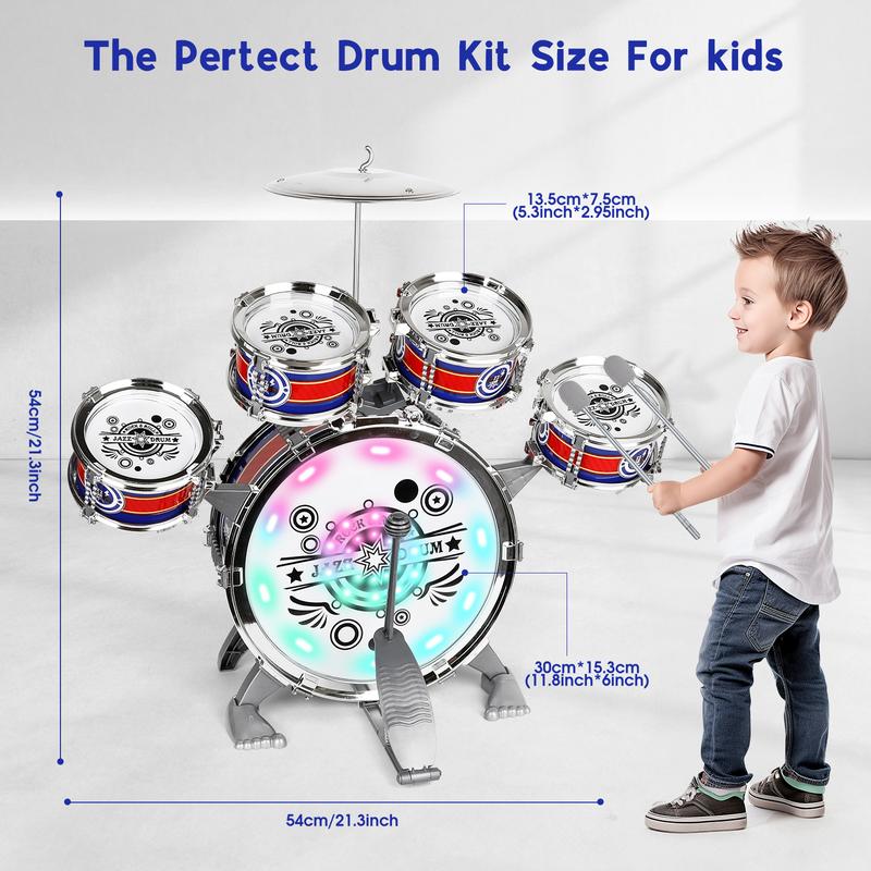 Kids Rock Jazz Drum Kit with Stool for Toddlers Baby Percussion Light Music Instruments Montessori Musical Toys Gifts for Boys and Girls Ages 3-5