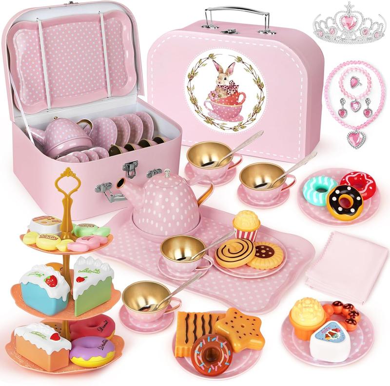 Christmas tea Party Set for Little Girls, 49PCS Princess Tea Time Toys Including Tea Set Dessert Carrying Case, Kids Kitchen Pretend Playset, Tea Set for Girls Birthday Toddler Gifts Age 3-8