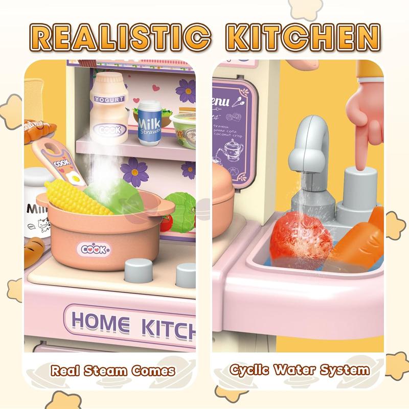 Mini Kids Kitchen Play Set, Play Kitchen Toy for Doll House with Realistic Steam and Lights, Cyclic Water System, Pretend Cooking Food Accessories, Role Playing Game for Kids, Gift for Girls (Pink)