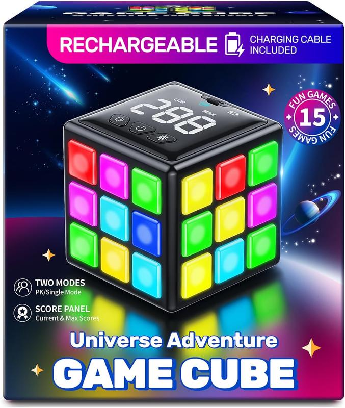 Rechargeable Game Cube, 15-in-1 Fun Brain Memory & Speed Games for Kids, Christmas Birthday Gifts for Boys Girls Ages 6-12+ Years Old, Cool Toys for Kids Teens with Score Screen (Black)