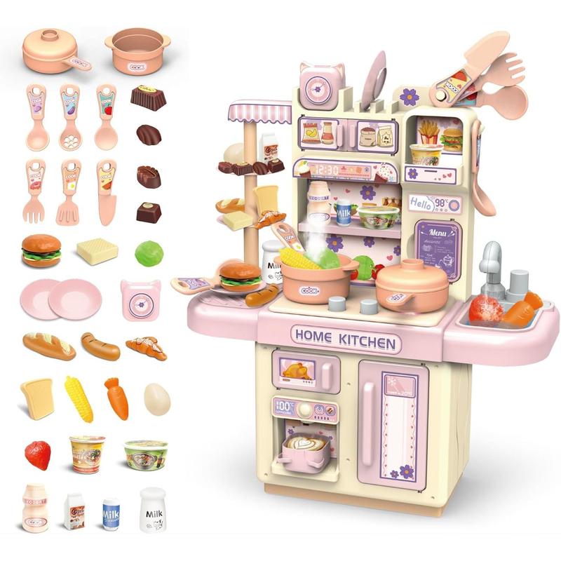 Mini Kids Kitchen Play Set, Play Kitchen Toy for Doll House with Realistic Steam and Lights, Cyclic Water System, Pretend Cooking Food Accessories, Role Playing Game for Kids, Gift for Girls (Pink)