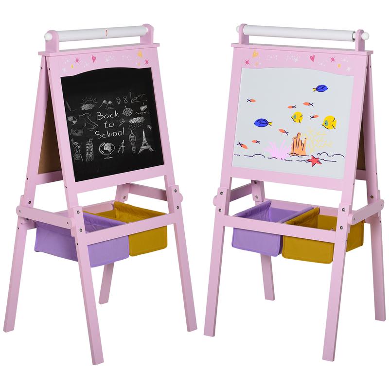 Qaba 3 In 1 Kids Wooden Art Easel with Paper Roll Double-Sided Chalkboard & Whiteboard with Storage Baskets Gift for Toddler Girl Age 3 Years+ Pink