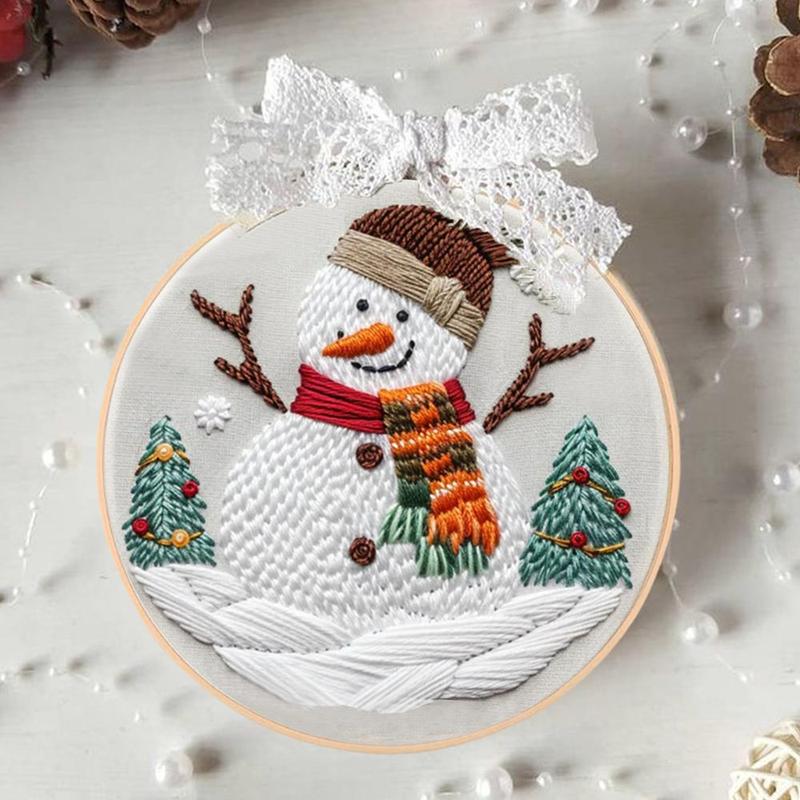 Snowman Pattern DIY Embroidery Kit, 1 Set Embroidery with Hoop Suture Practice Kit for Adults, Christmas Handmade Unfinished Products Gifts