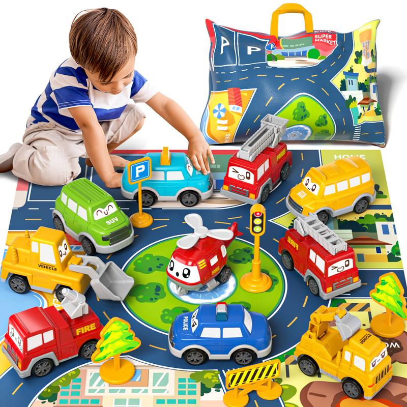 12 Pieces Truck Car Toy with Playmat and Storage Bag