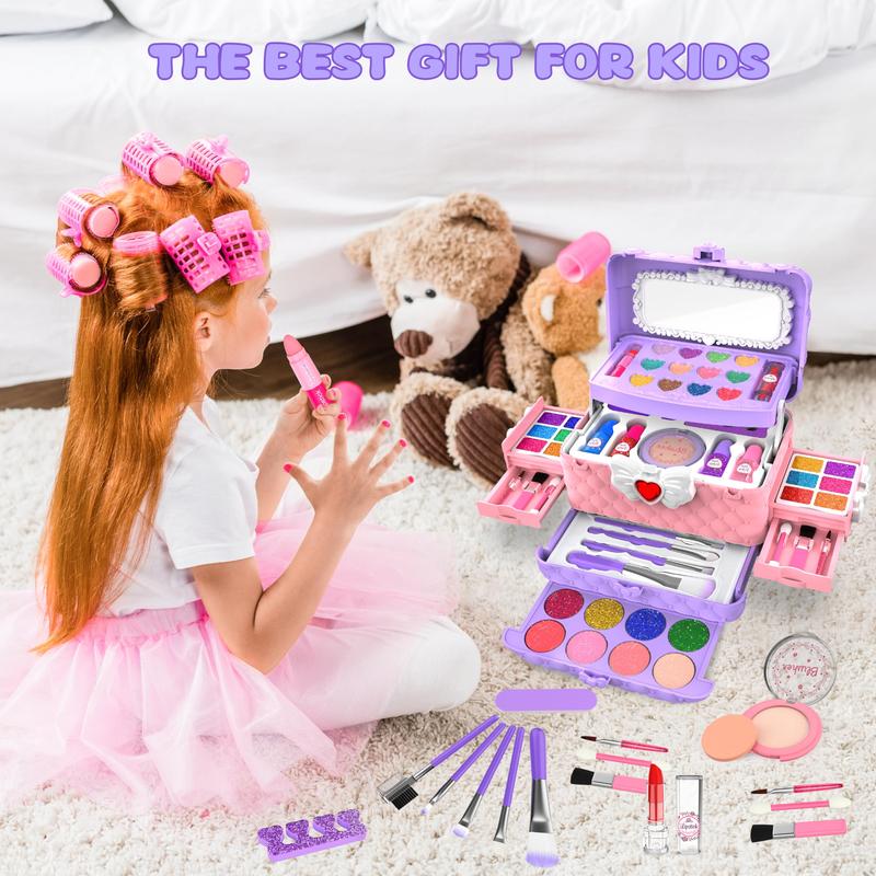 54Pcs Kids Makeup Kit for Girls, Princess Real Washable Pretend Play Cosmetic Set Toys with Mirror, Non-Toxic & Safe, Birthday Gifts for 3-10+Years Old Girls Kids (Light Purple) Christmas Gifts