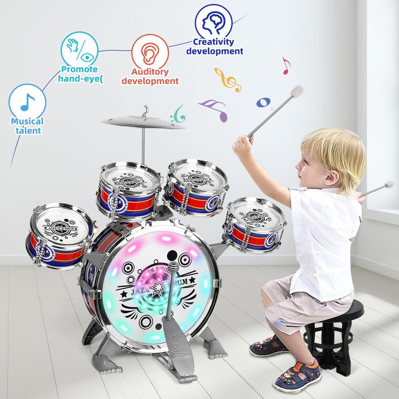 Kids Rock Jazz Drum Kit with Stool for Toddlers Baby Percussion Light Music Instruments Montessori Musical Toys Gifts for Boys and Girls Ages 3-5