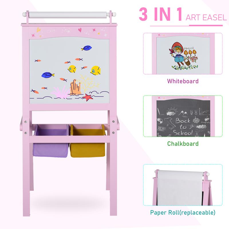 Qaba 3 In 1 Kids Wooden Art Easel with Paper Roll Double-Sided Chalkboard & Whiteboard with Storage Baskets Gift for Toddler Girl Age 3 Years+ Pink