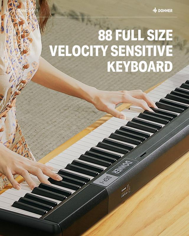 Donner DEP-1 Piano Keyboard 88 Keys, Beginner Digital Keyboard Piano Velocity-Sensitive Keys, Portable Electric Piano with Stand, Sustain Pedal, Carrying Case and Keyboard Stickers