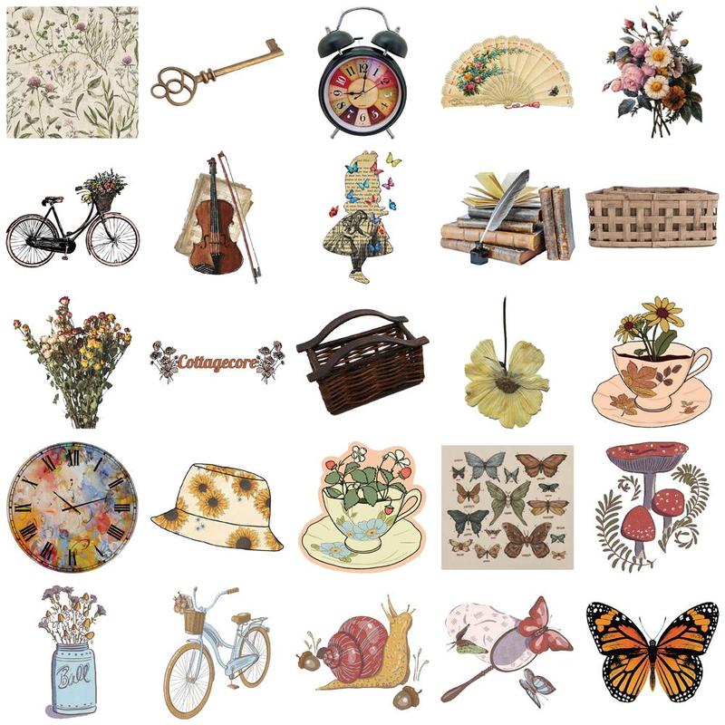 Vintage Flower & Book Pattern Sticker, 50pcs set Creative Cartoon Sticker, DIY Decorative Sticker for Stationery & Computer & Water Bottle