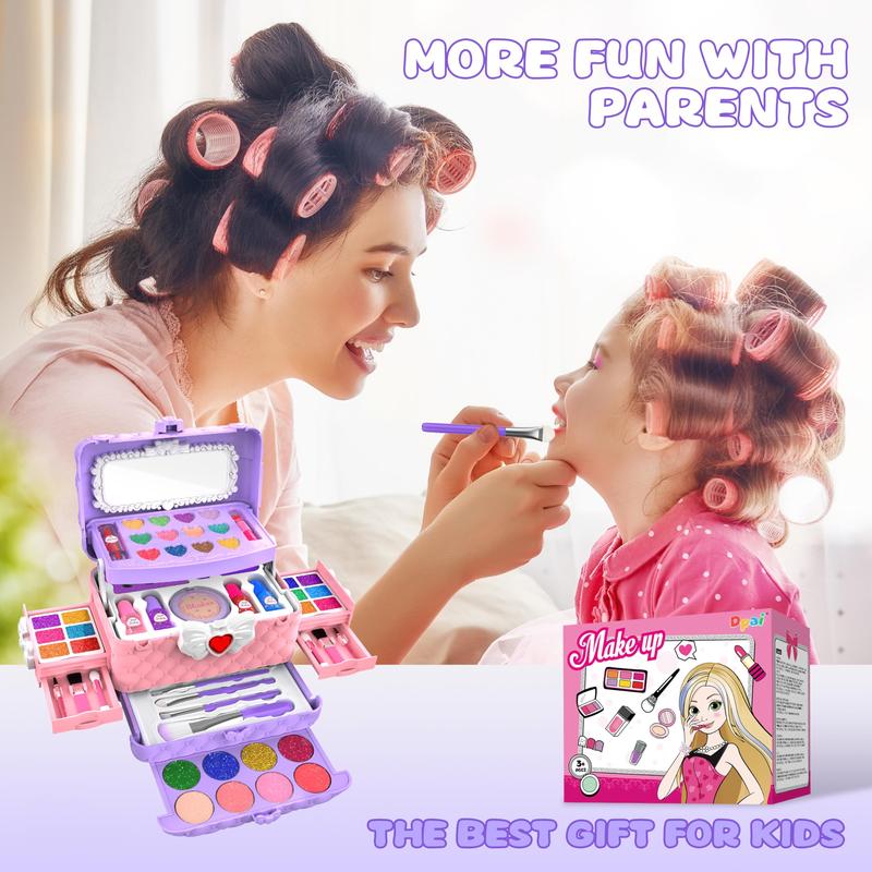 54Pcs Kids Makeup Kit for Girls, Princess Real Washable Pretend Play Cosmetic Set Toys with Mirror, Non-Toxic & Safe, Birthday Gifts for 3-10+Years Old Girls Kids (Light Purple) Christmas Gifts