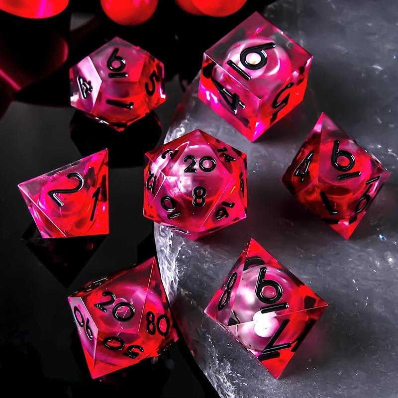 Blood Liquid Core DND Dice Set - 7-Piece Handmade Polyhedral Resin Dice with Sharp Edges for Dungeons and Dragons.