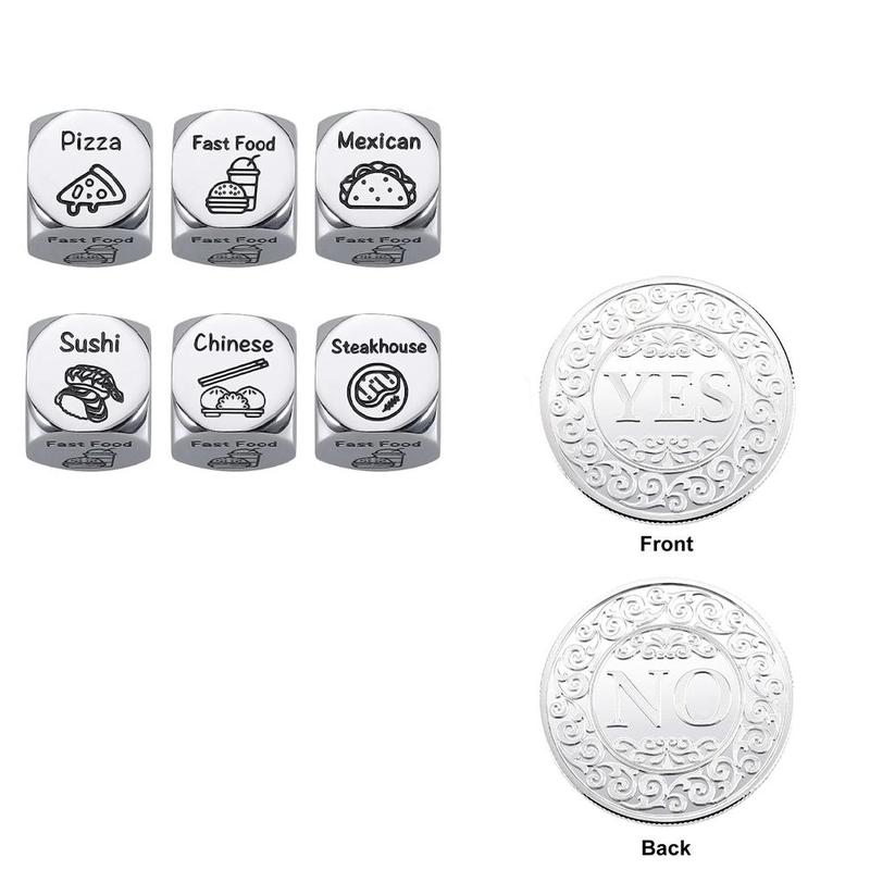 Food Decision Dice Decider & Yes No Coin, 1 Set Creative Stainless Steel Dice with Gift Box, Party Favors for Men & Women, Gift for Friend