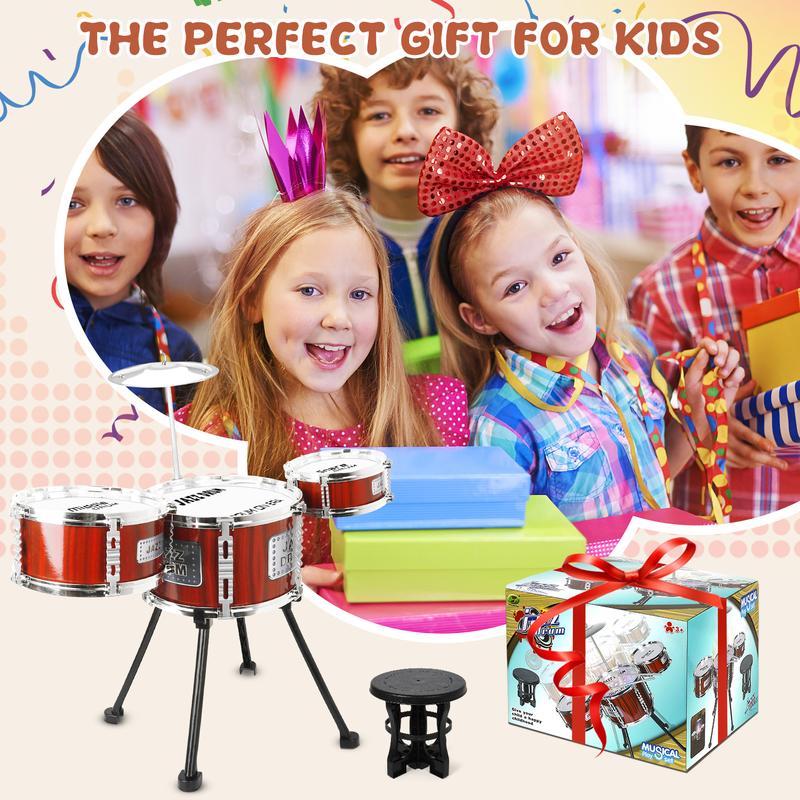 Kids Drum Set Music Toy Drum Set for Toddlers Ages 3-5 Jazz Drum Kit with Stool, 3 Drums Percussion Musical Instruments Toys for 3 4 5 Year Old Boys Girls Gifts