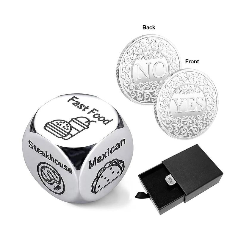 Food Decision Dice Decider & Yes No Coin, 1 Set Creative Stainless Steel Dice with Gift Box, Party Favors for Men & Women, Gift for Friend