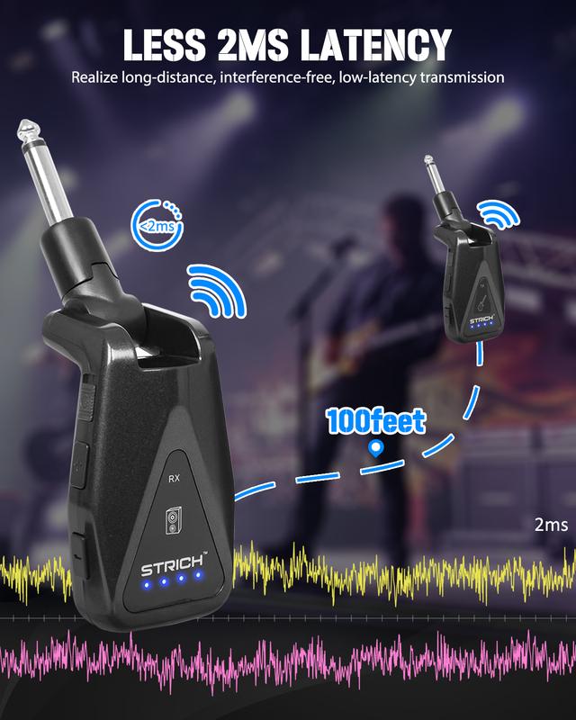 STRICH UHF Wireless Guitar System, 4 Channels, 100ft Range, Rechargeable Transmitter Receiver with Rotatable Plug for Guitar Bass Keyboard, G1