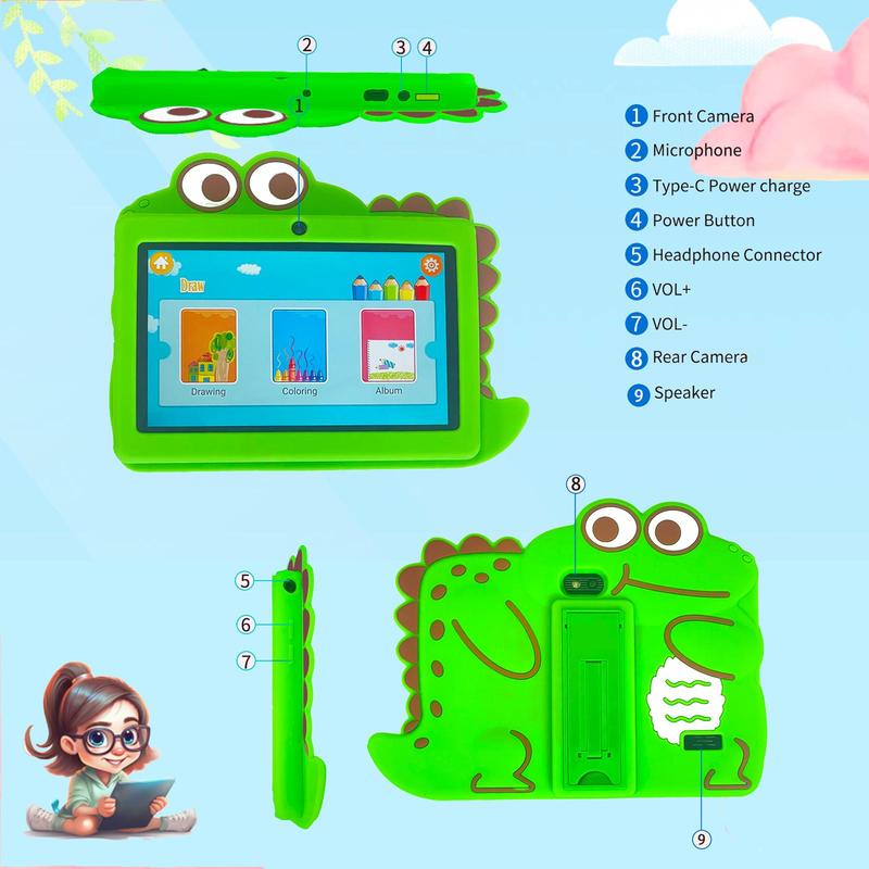 7 Inch Learning Tablet with Cartoon Design Case, 4GRAM+32GROM Android 12 Tablet Educational Tool, HD Screen Montessori Education Study Pad