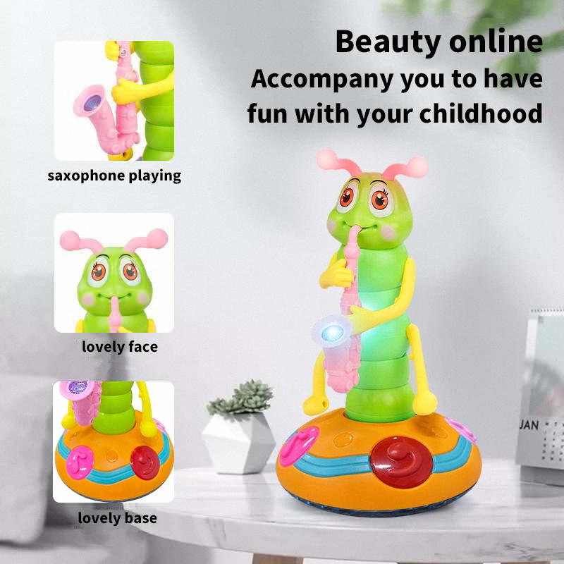 Electric Universal Singing Caterpillar Toy Playing Saxophone Colorful Lights Music Twisting Caterpillar