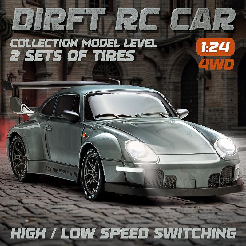 Rc Drift Car 1:24 Scale 4WD Remote Control Car 2.4 GHZ 20km h High Speed Racing Car With Drift Tires, Roadblocks And LED Headlights Dual Batteries Best Christmas, Halloween, Thanksgiving Gift