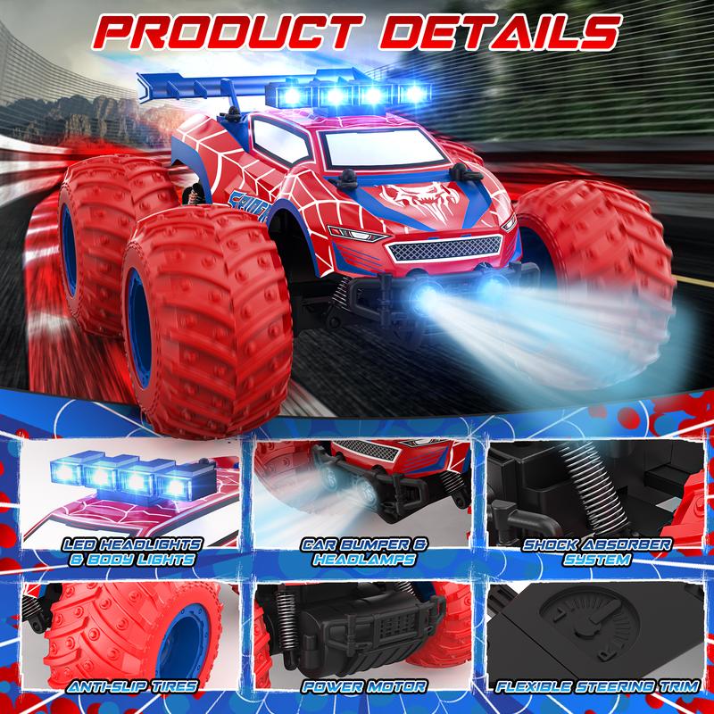 1:18 Remote Control Car - 20km h 2.4GHz All Terrain Off-Road Monster Truck with Bodylights&Headlights &Headlamps, Rechargeable Toy Car Gift. spiderman  car