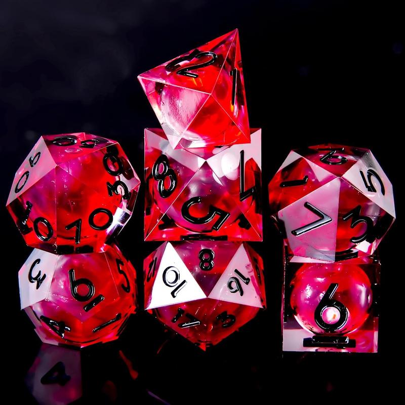 Blood Liquid Core DND Dice Set - 7-Piece Handmade Polyhedral Resin Dice with Sharp Edges for Dungeons and Dragons.