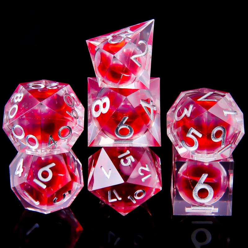 Blood Liquid Core DND Dice Set - 7-Piece Handmade Polyhedral Resin Dice with Sharp Edges for Dungeons and Dragons.