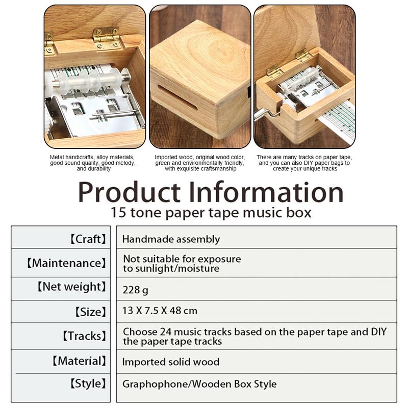 Music Box 15 Tone DIY Mini Wooden Retro Hand Crank Cute Box Gift Valentine's Day Thanksgiving Birthday Christmas (3 Random Works, 7 Blank DIY Works)