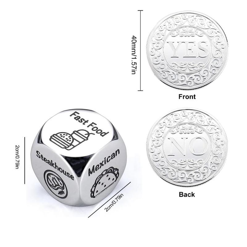 Food Decision Dice Decider & Yes No Coin, 1 Set Creative Stainless Steel Dice with Gift Box, Party Favors for Men & Women, Gift for Friend