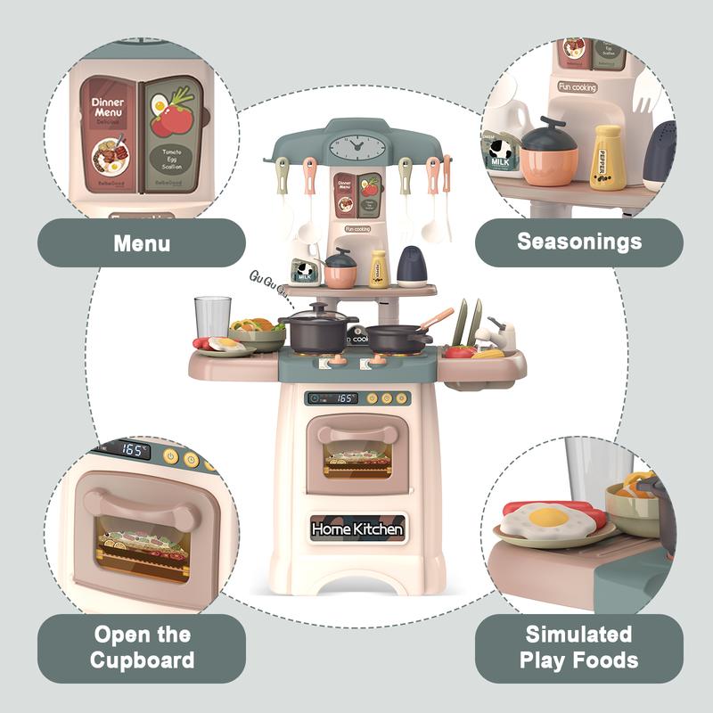 deAO Kitchen Toys Kitchen Playset Toy with Sounds and Lights Role Playing Game Pretend Food and Cooking Playset,26 PCS Kitchen Accessories Set