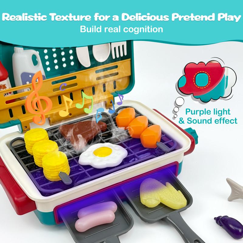 BBQ Grill Toy Set  with Steam and Smoke Change Color Effect Interactive Toy Aged 4 5 6 7 8 + Steak, Fried chicken legs, Color-changing Water Cups Pink Green