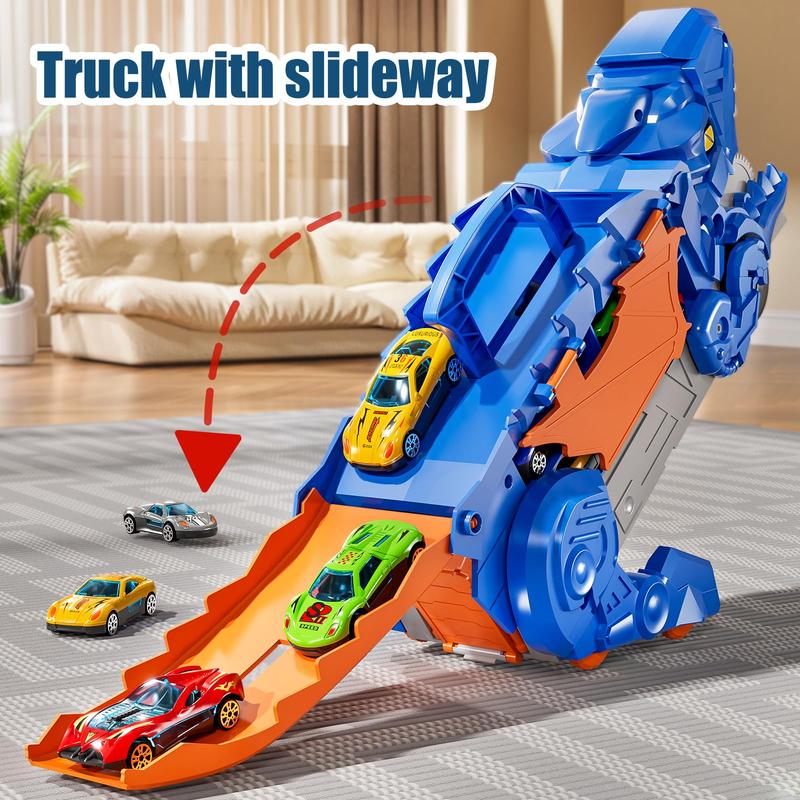 Transformed Dinosaur Truck Toy with 10 Diecast Racing Cars, Dino Transport Car with Wings and Handle , Birthday Gift for