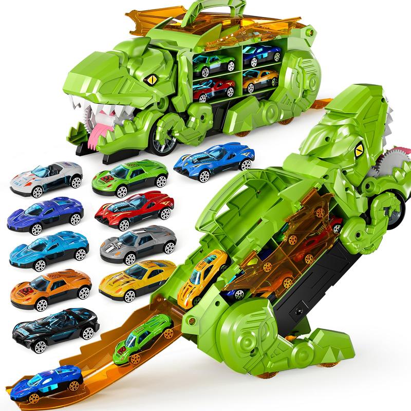 Transformed Dinosaur Truck Toy with 10 Diecast Racing Cars, Dino Transport Car with Wings and Handle , Birthday Gift for